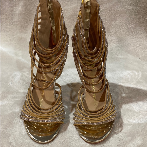 Giuseppe Zanotti Shoes - Giuseppe Zanotti Gold and Rhinestone Heels with Strappy Design